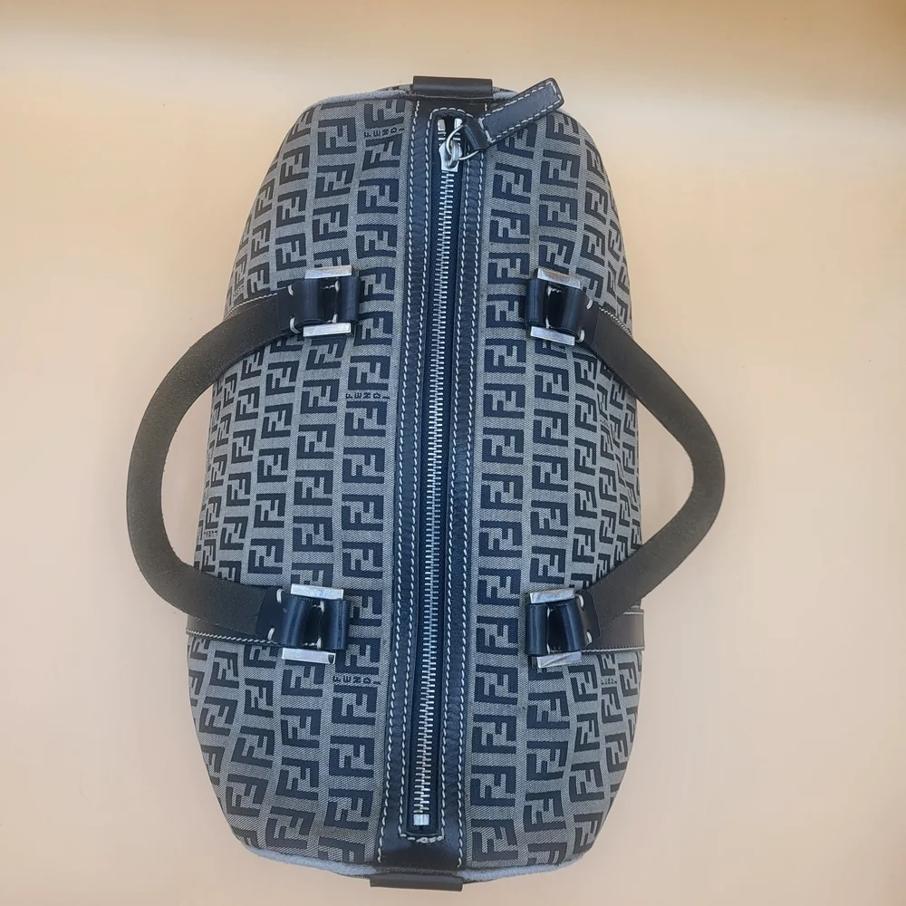FENDI Zucchino FF Canvas Leather Boston 30 HandBag Navy..Authentic...W/COA.